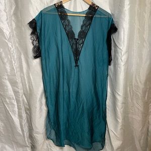 VTG 90’s Sheer Blue Silk Black Lace V-Neck Chemise Slip Dress